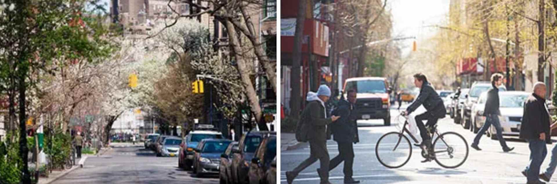 Spring streets in the West Village, with flowering trees and a cyclist crossing among pedestrians.