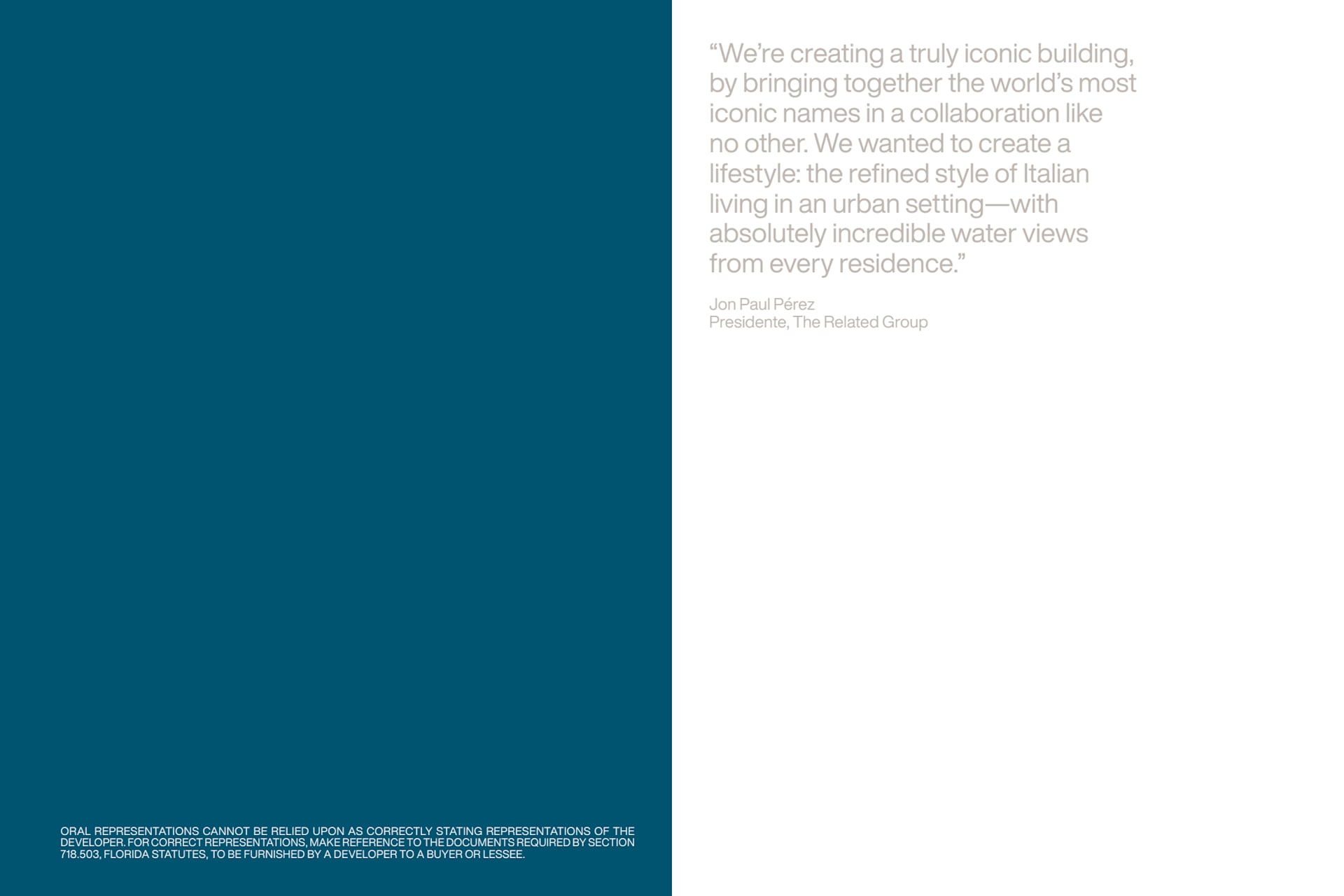 Jon Paul Pérez describes Casa Bella’s Italian-inspired urban lifestyle and water views in a development quote graphic.