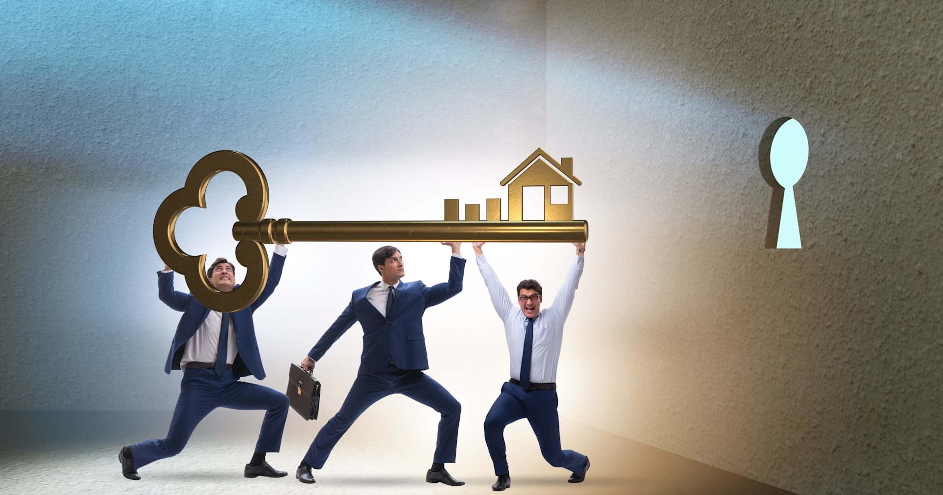 Three businessmen lift a giant golden key topped with a house and rising bars beside a large keyhole.