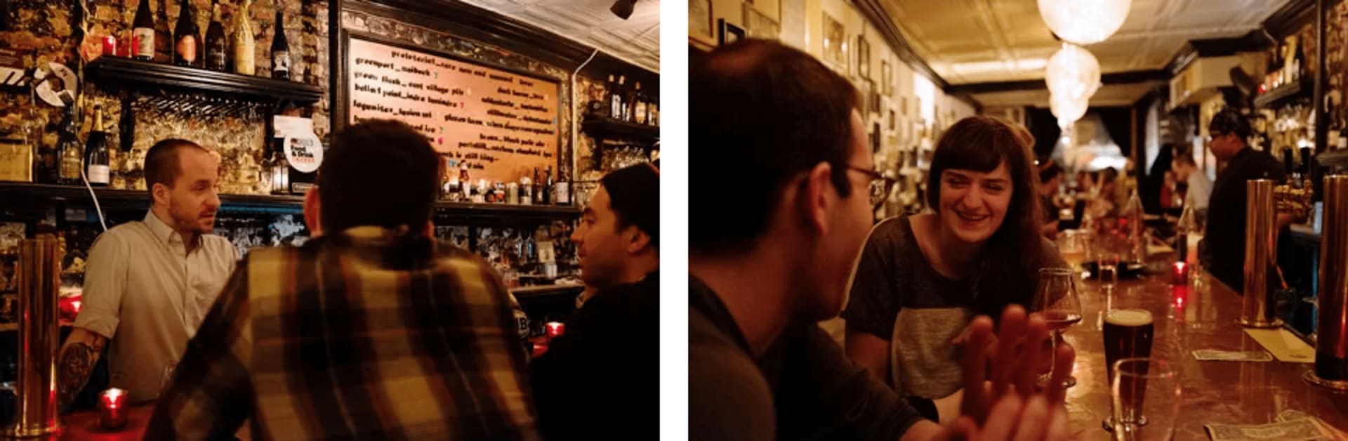 Patrons talking at a warmly lit bar with a long counter and bottle-lined shelves.