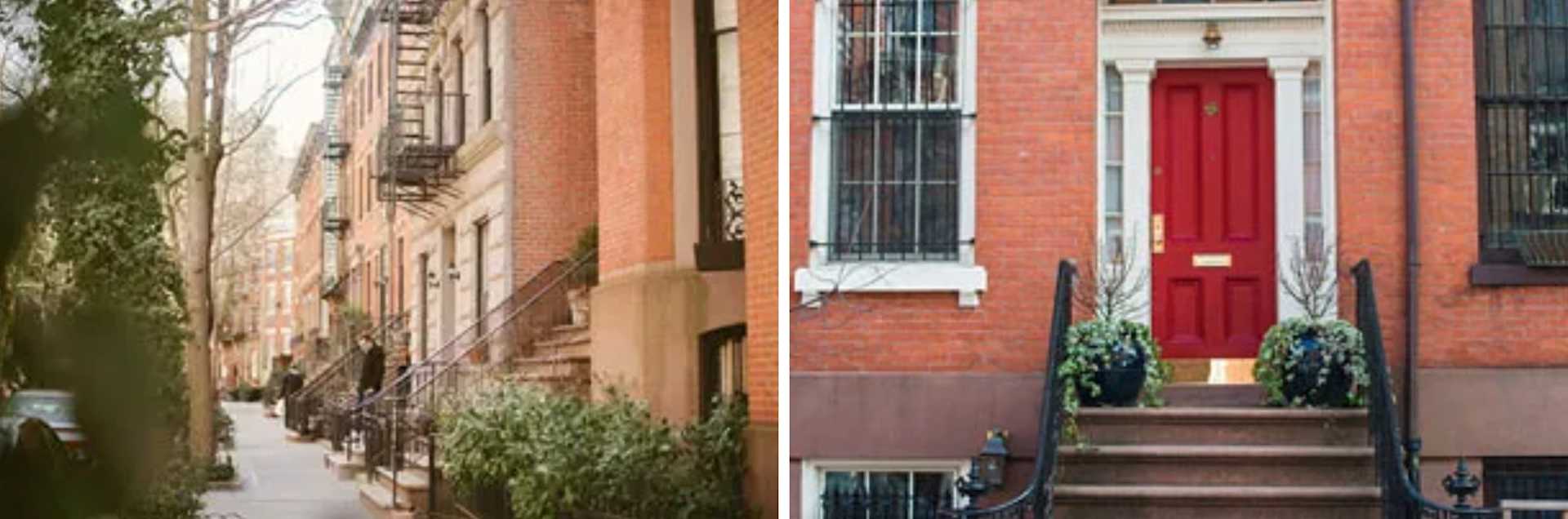 West Village brick townhouse with a red front door, white trim, and potted plants by the stoop.
