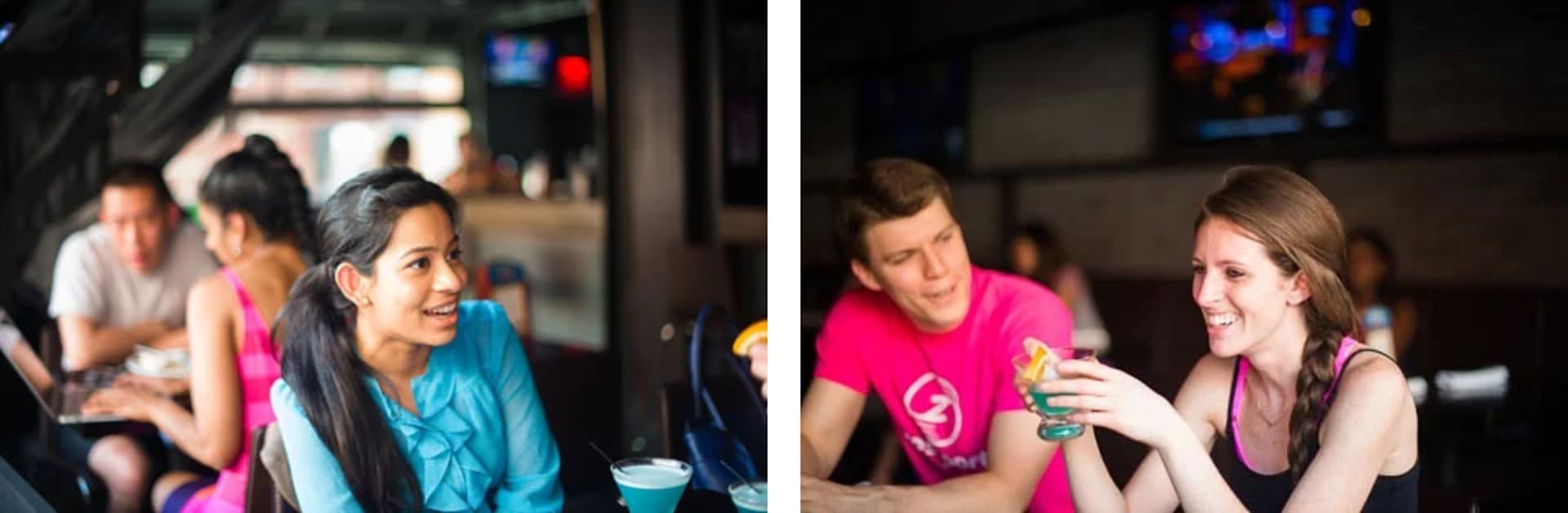 People socializing over drinks at a dimly lit restaurant or bar.