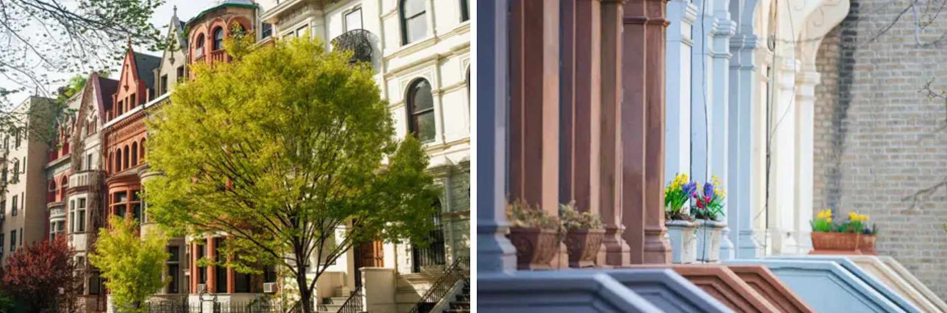 Upper West Side townhouses with leafy street trees and ornate brownstone façades.