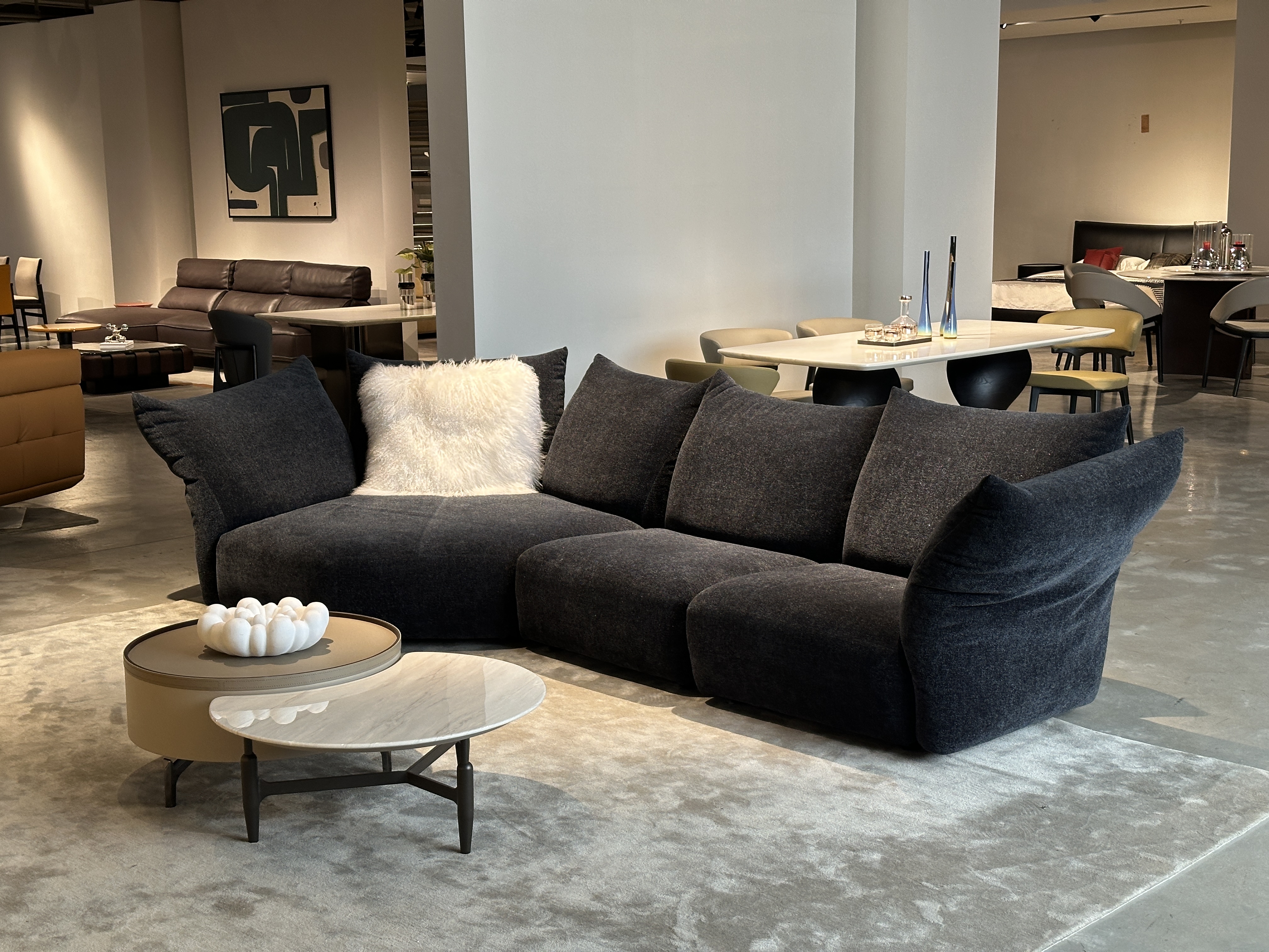 Charcoal sculptural flared-arm curved modular sofa on a light rug in a modern showroom living room