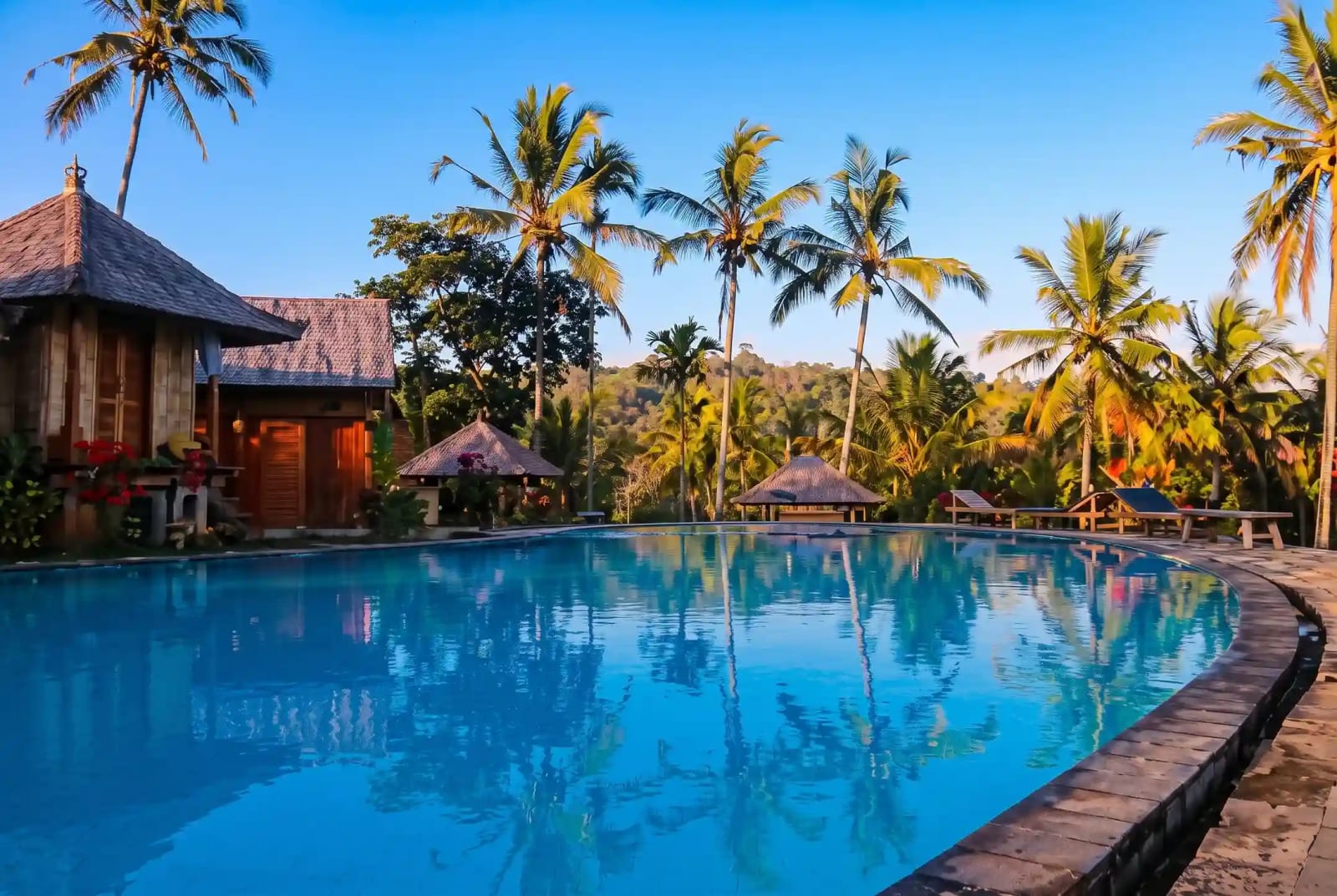 Expansive natural swimming pool surrounded by hand-stacked volcanic river boulders, tropical bamboo glamping huts, and emerald jungle vegetation at golden sunrise at Puri Sunny Camp Munduk Bali