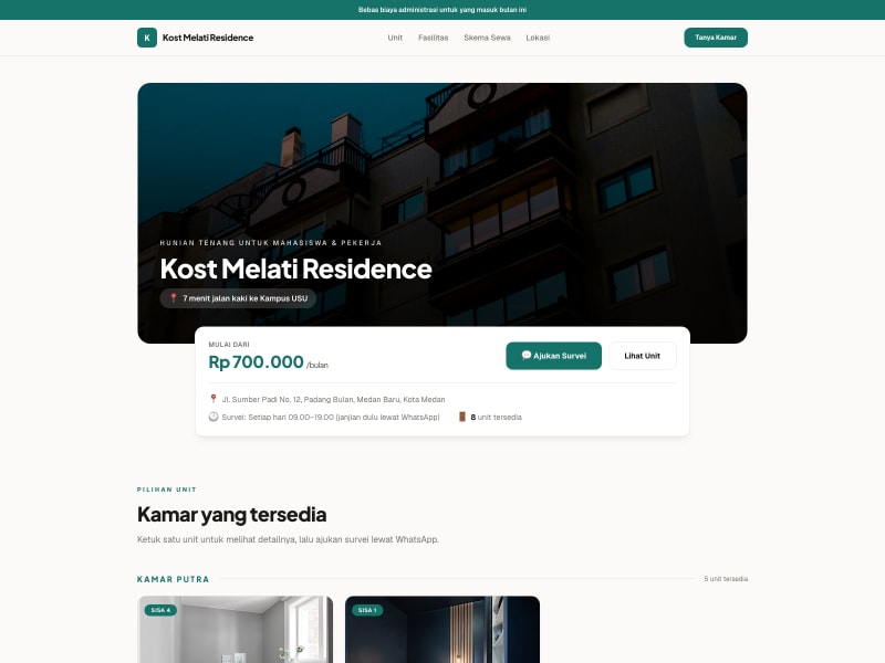Contoh tampilan template Kost & Properti Sewa