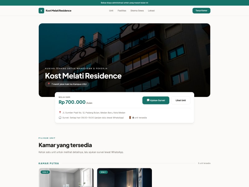 Contoh tampilan template Kost & Properti Sewa
