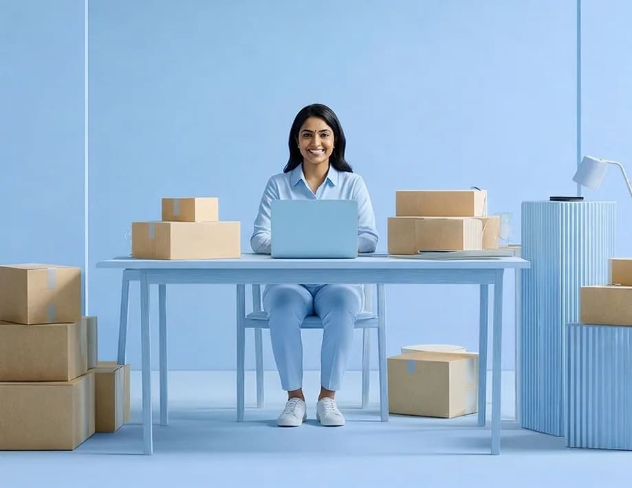 A woman in an ecommerce inventory office, packages surround her, she smiles at her desk.