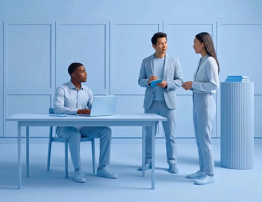 Three coworkers discuss priorities, one is sitting at a desk with their laptop, another is holding a tablet and taking notes.