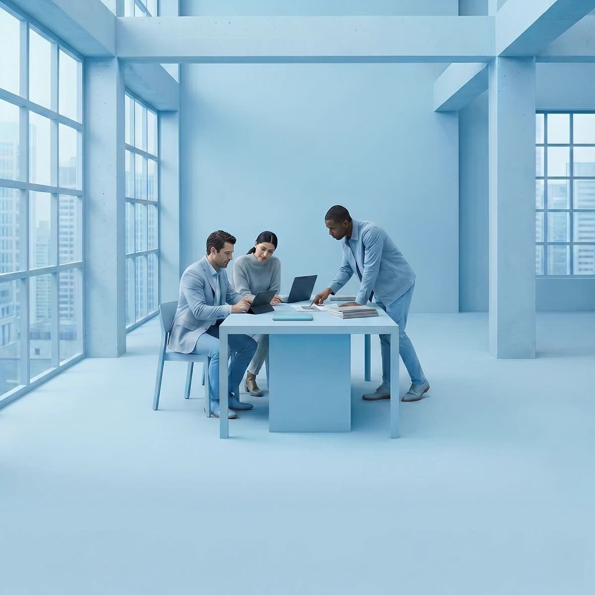 Three people in an office space at a desk comparing notes.