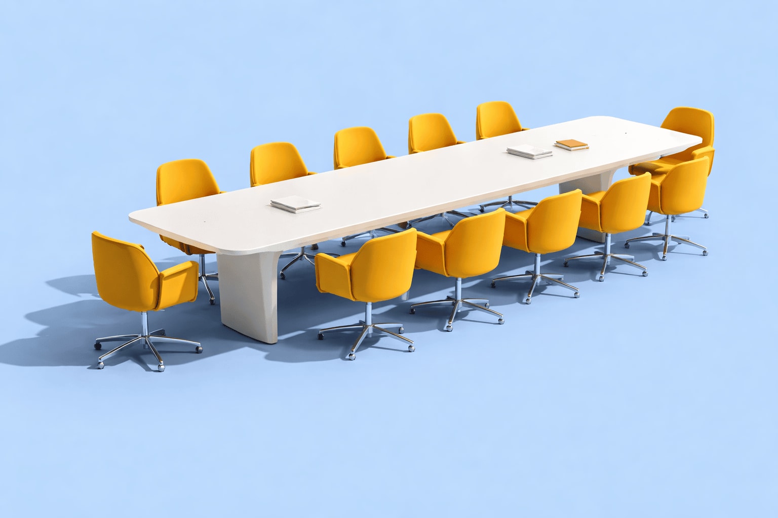 Empty chairs around a conference room table.