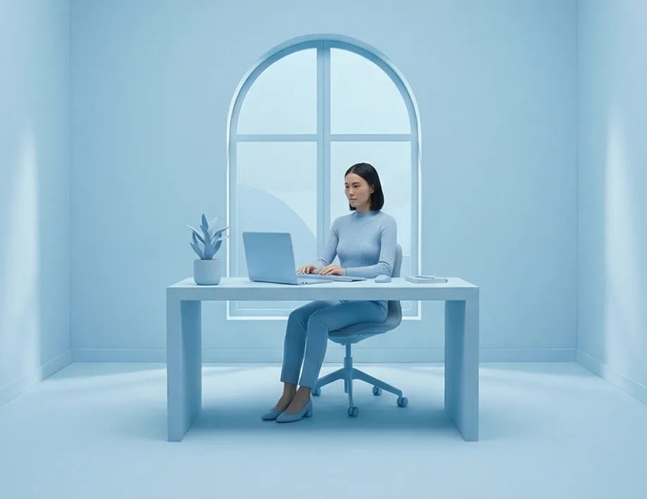 A woman sits at her office desk and types on her computer.