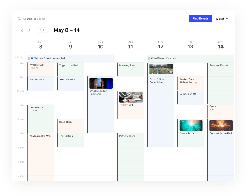Week view of the events calendar