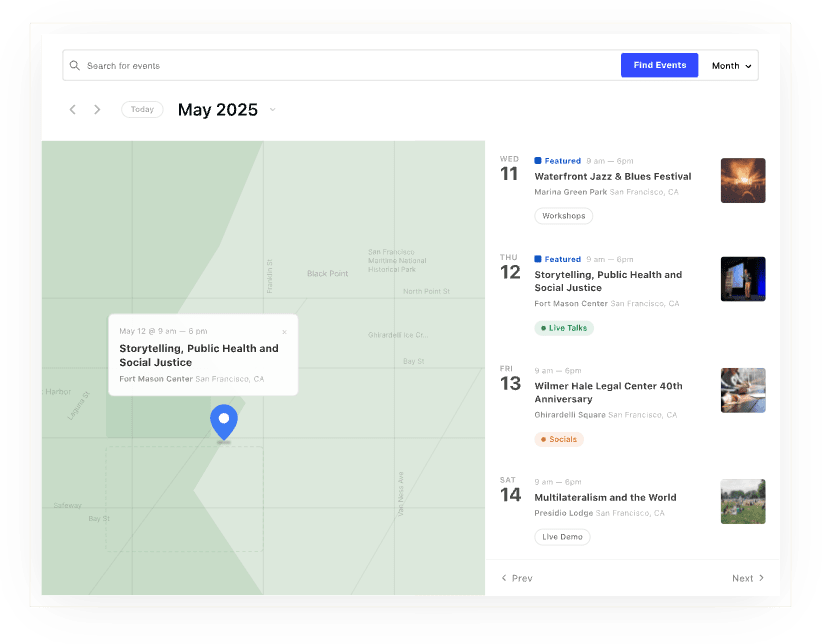 Map view of the events calendar