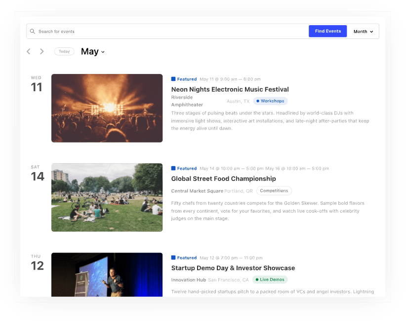 List view of the events calendar