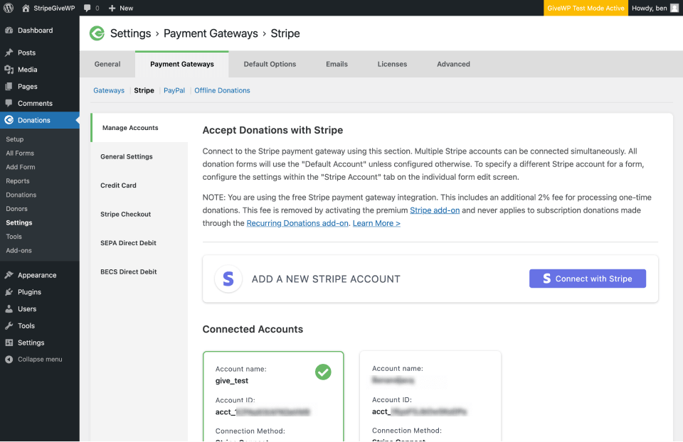 Screenshot showing multiple accounts gonnected to Stripe, ready to accept donations.