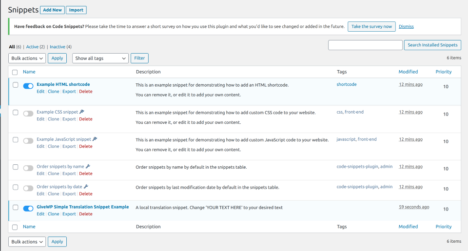 page display showing available snippets