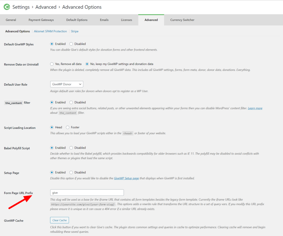 GiveWP Form Page URL Prefix settings