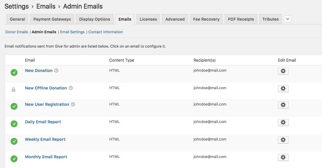 The GiveWP Email Reports Settings