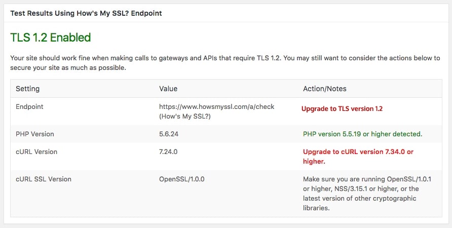 TLS Compatibility Screen showing outdated TLS and cURL versions