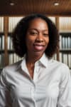 Headshot of a woman in front of bookshelves
