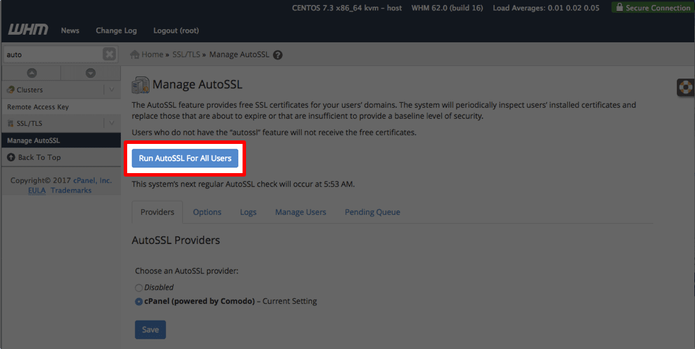 run autossl for all accounts button highlighted