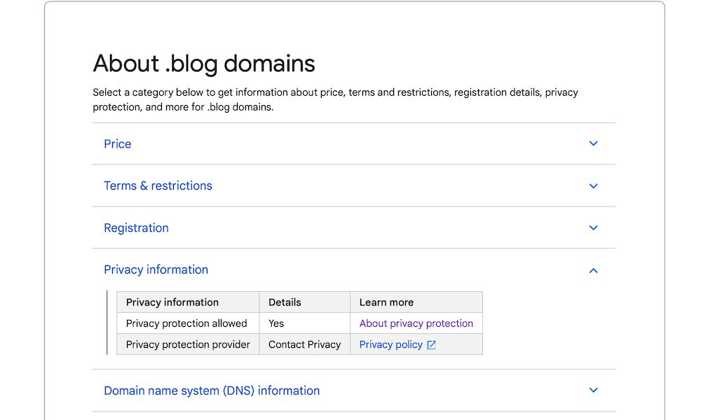 Privacy protection is allowed for the .blog domain ending.