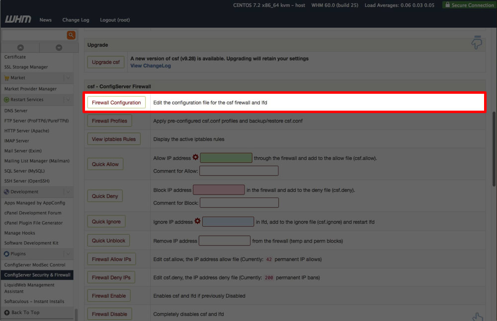 firewall configuraiton button highlighted
