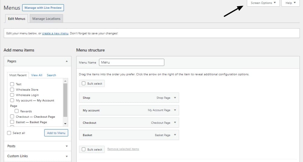 screen options button