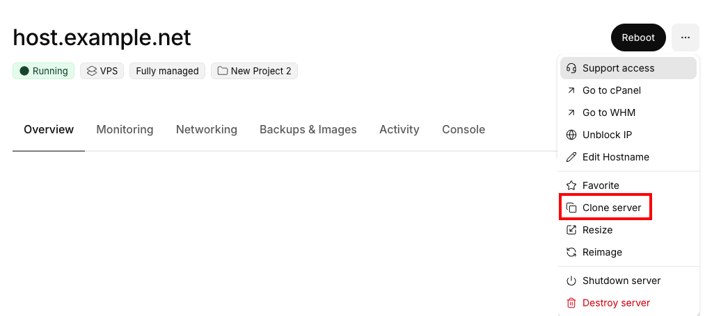 clone server link in portal.liquidweb.com