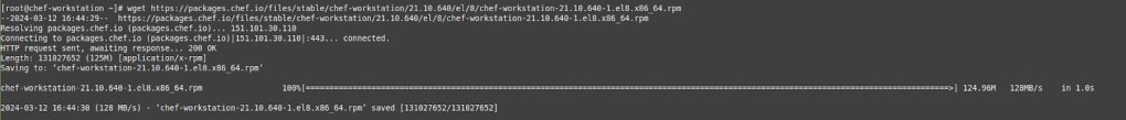 Return to the Chef downloads page and download the latest version of the Chef Workstation. After you run the wget command, the output will be similar to the output shown here.