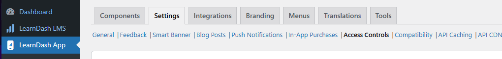 Screenshot of LearnDash App Control Settings