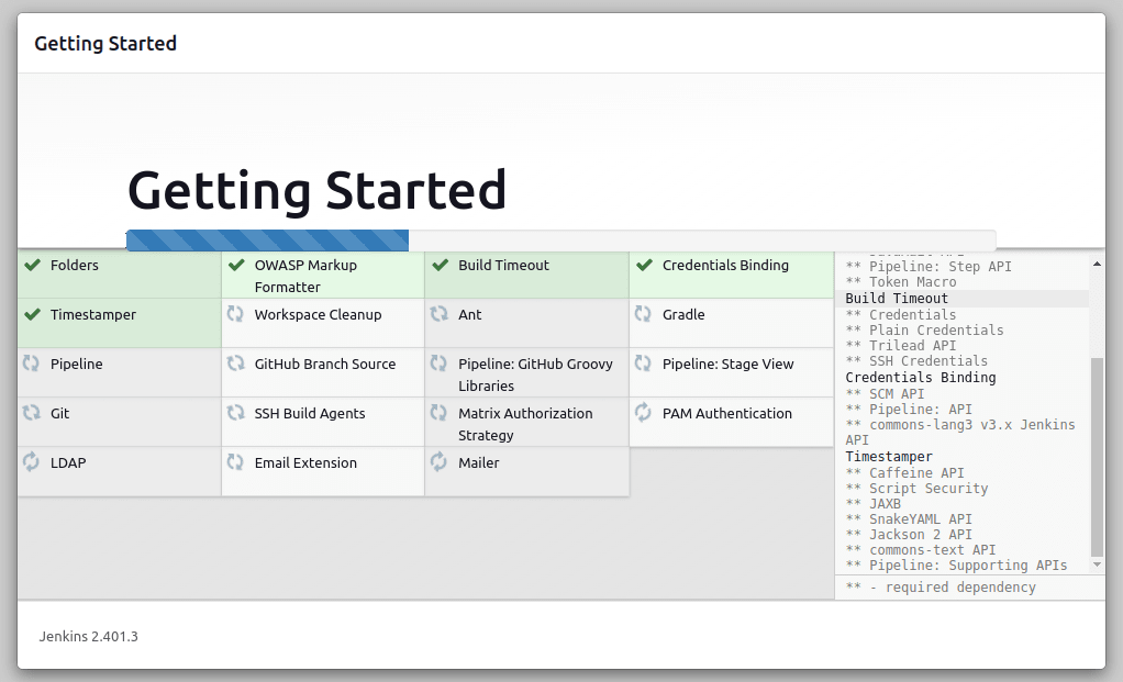 You can install the suggested plugins or select your own plugins in this window. We will proceed with installing the recommended plugins. You will notice that the installation will take a good amount of time to complete after it begins.