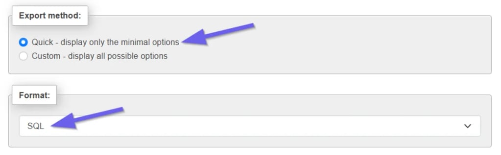 Choosing the “Quick” export option in phpMyAdmin and choosing the “SQL” format.