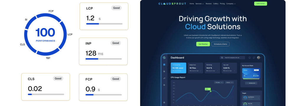 A performance dashboard shows a 100 percent performance score next to the webpage being tested.