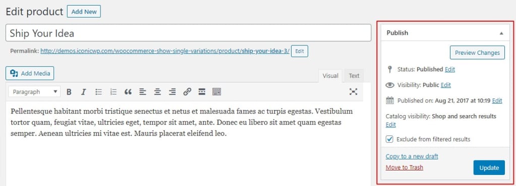 publish section woocommerce