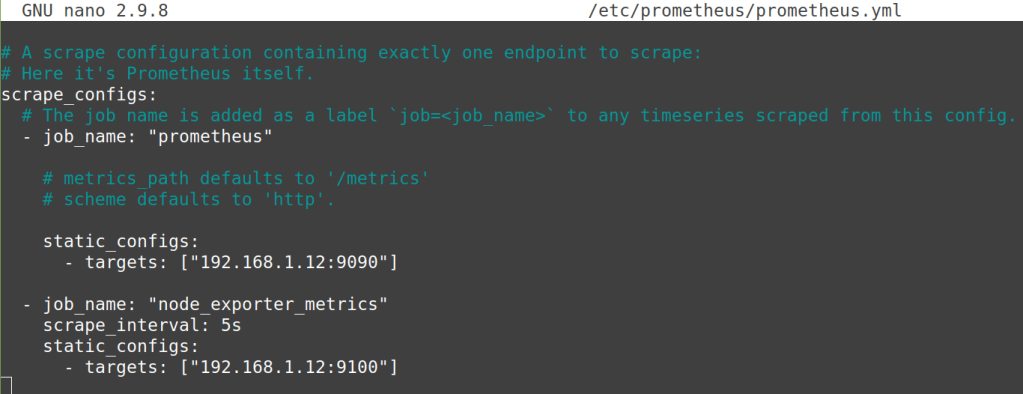 Once the Prometheus Node Exporter installation is finished, Node Exporter can be added to the Prometheus server. To edit the Prometheus configuration file /etc/prometheus/prometheus.yml using a text editor. In the scrape_config section, create a new job for the Node Exporter with the following details. Then, save the configuration and exit. Here is the output.