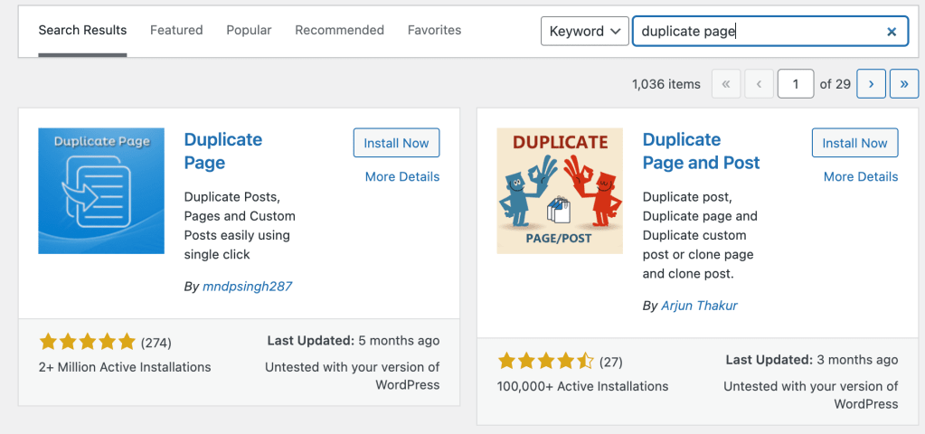 Duplicate Page install button