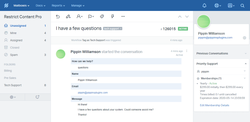 Restrict Content Pro widget in Help Scout