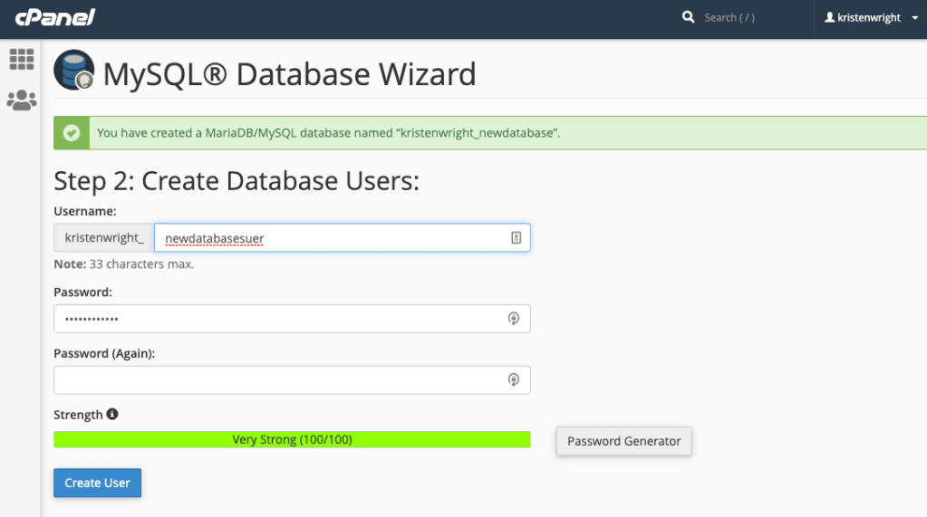 wordpress database user