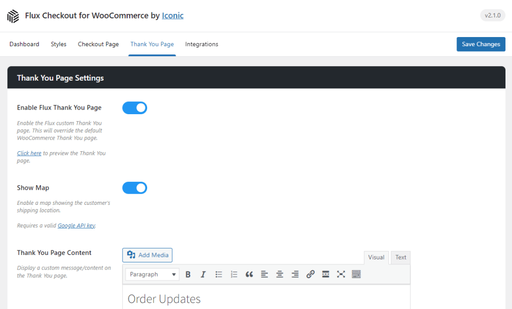 Flux thank you page settings