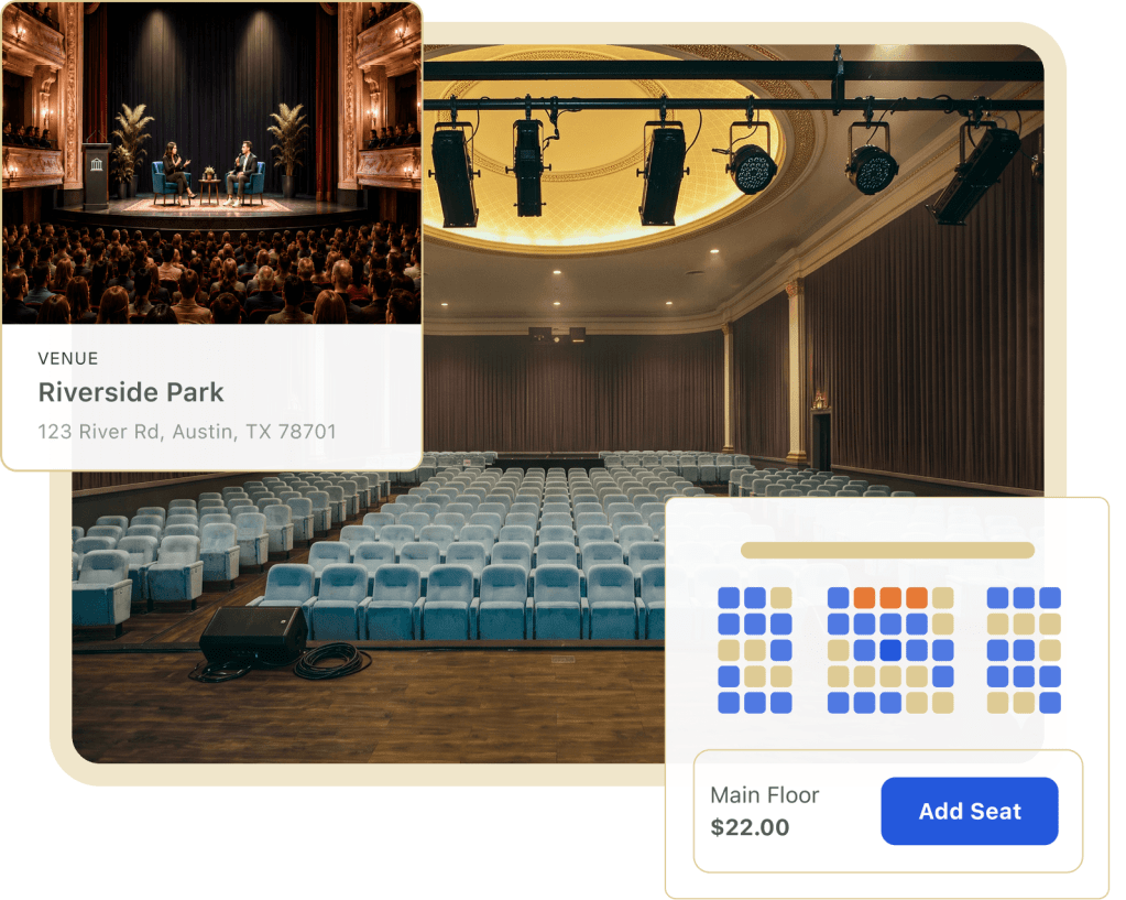 An empty auditorium with seats and a stage, a website feature designed with The Events Calendar Seating shows the venue, the address, and the seating chart and the price of purchasing that seat.