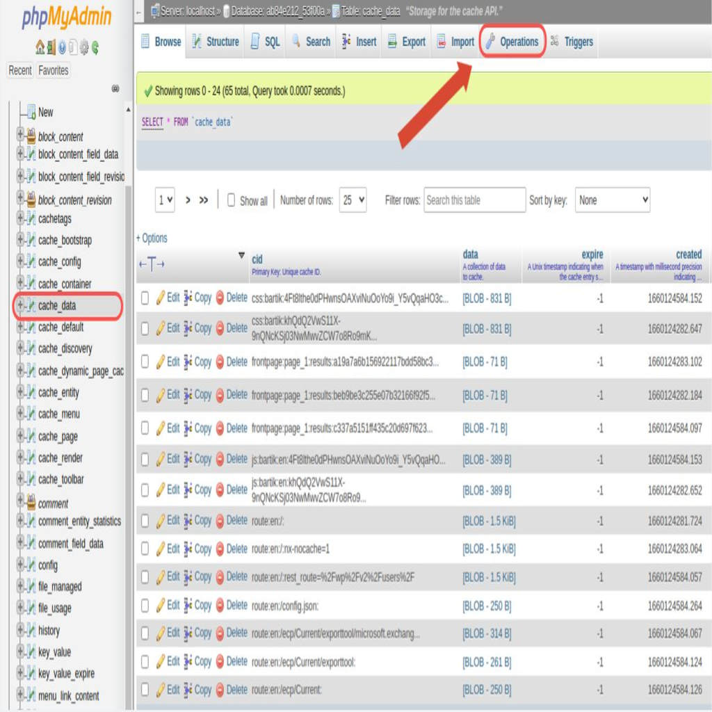 Choose the MariaDB/MySQL database table to truncate by clicking on its name in the list on the left side of the page. Click on Operations from the main phpMyAdmin menu at the top of the window.