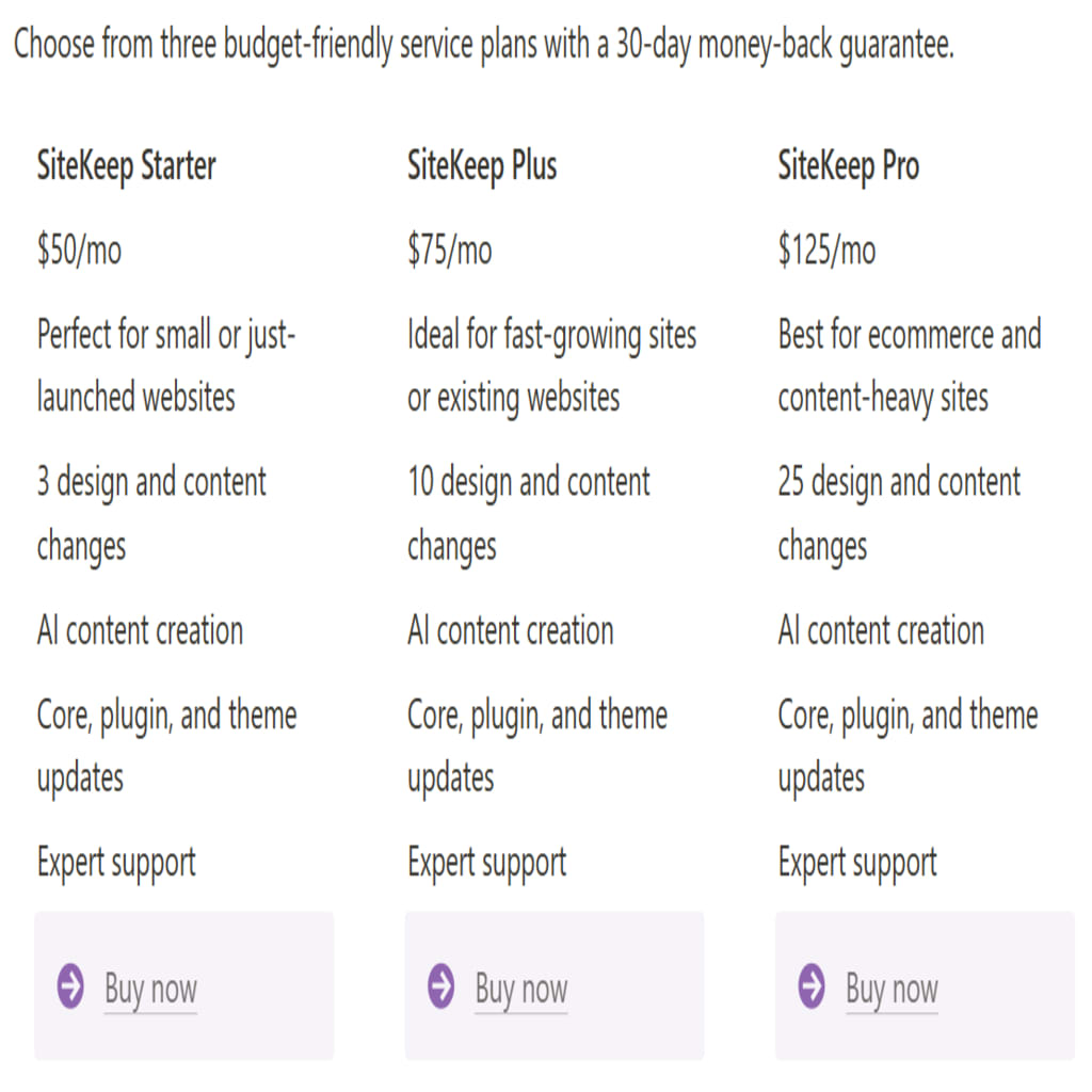 Select a SiteKeep Starter, SiteKeep Plus, or SiteKeep Pro plan for WordPress maintenance. The size and scope of each package vary to correspond to your requirements.