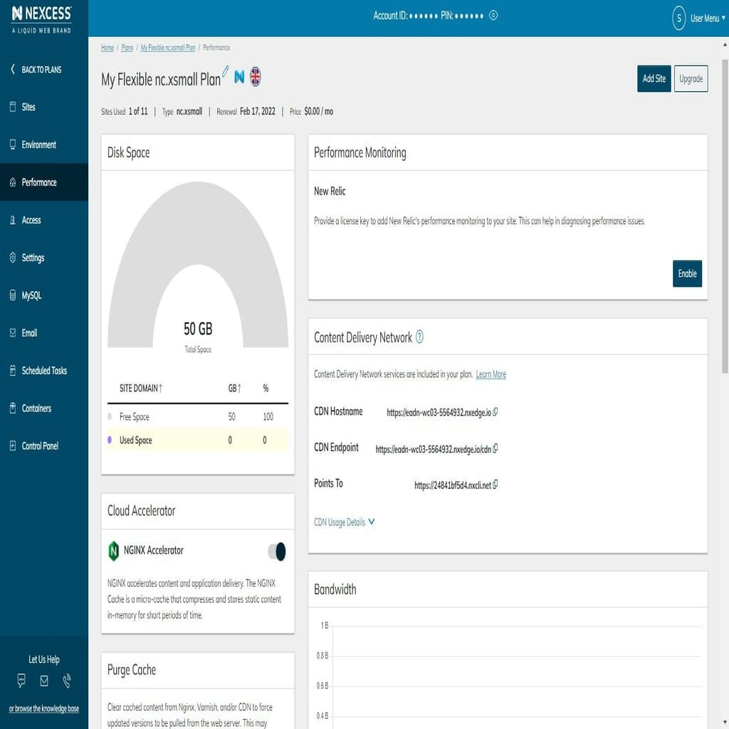 Disk space usage can be seen in the Performance section of the plan dashboard, as well as in the Settings section.