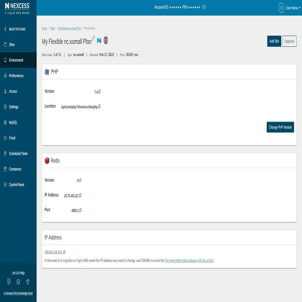 PHP version can be seen (and changed) in the “Environment” section of the plan dashboard, as well as Redis IP address and port.