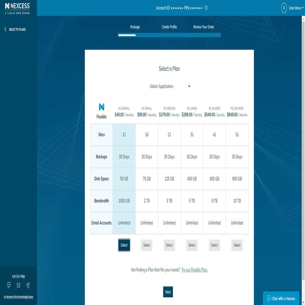 Once you click on the “Try our Flexible Plan”, you’ll be presented with a table similar to one above, and will need to select the size of the plan you want.