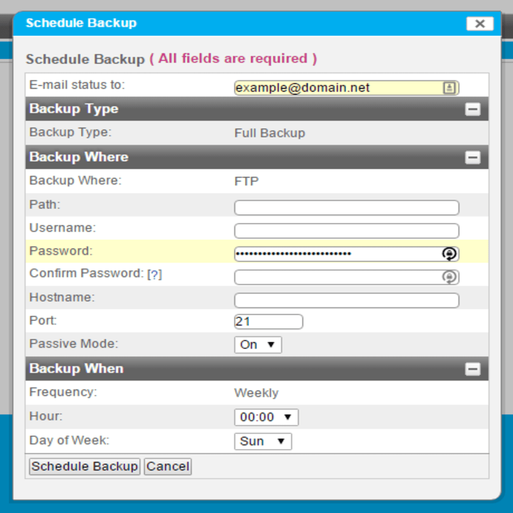 Example ’Create Backup’ Page for a SFTP/SCP Backup Type