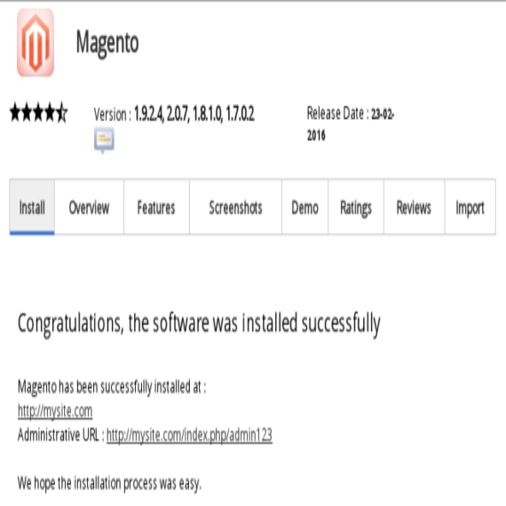 installation confirmed showing urls