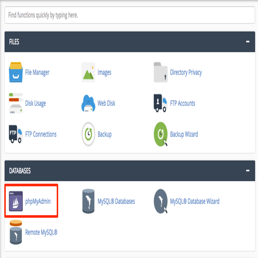 phpmyadmin link highlighted